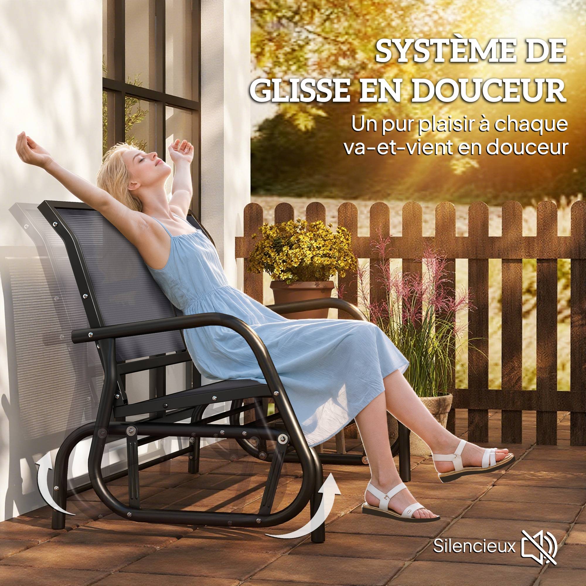 Banc à bascule métal balcon 2 places assise ergonomique textilène 120cm gris - ComfortXL Outdoor Living - Image 6