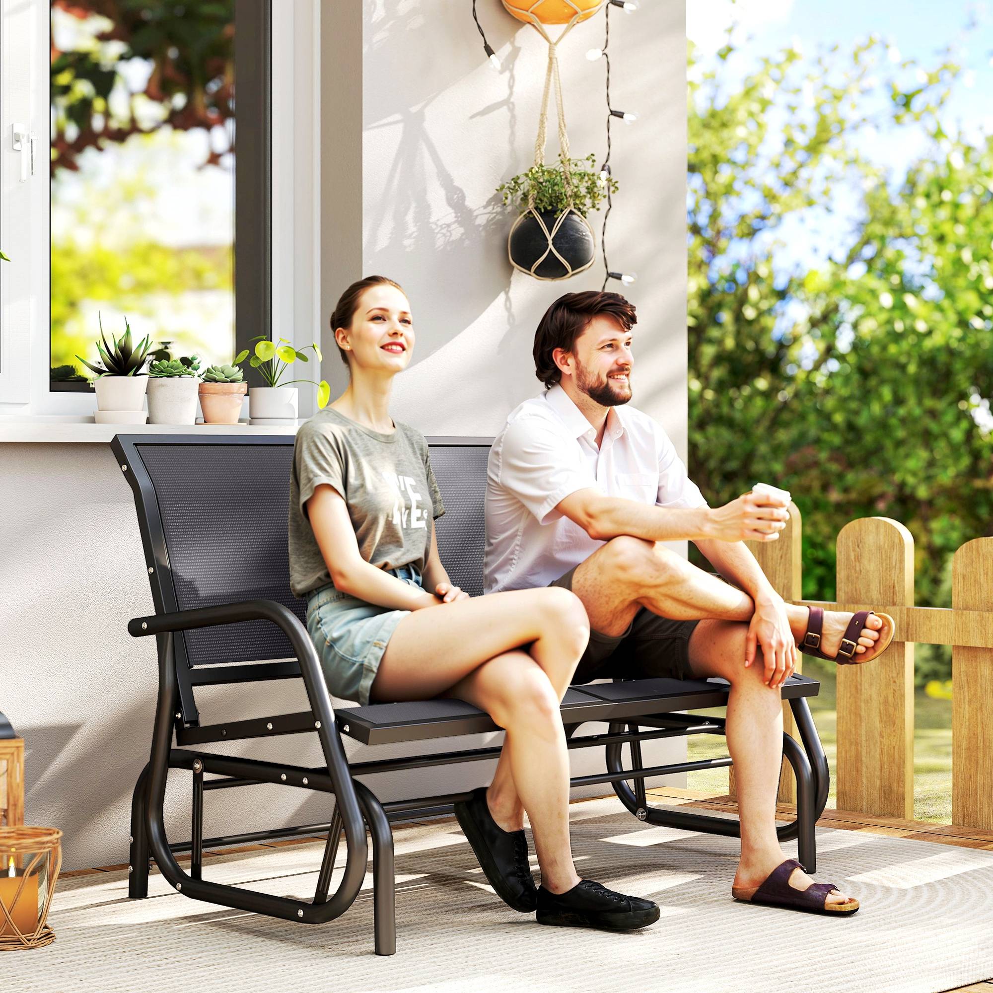 Banc à bascule métal balcon 2 places assise ergonomique textilène 120cm gris - ComfortXL Outdoor Living - Image 3