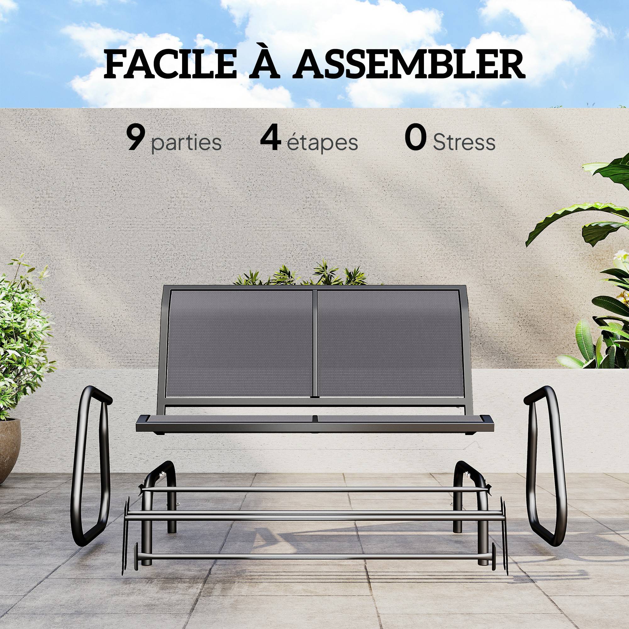 Banc à bascule métal balcon 2 places assise ergonomique textilène 120cm gris - ComfortXL Outdoor Living - Image 7