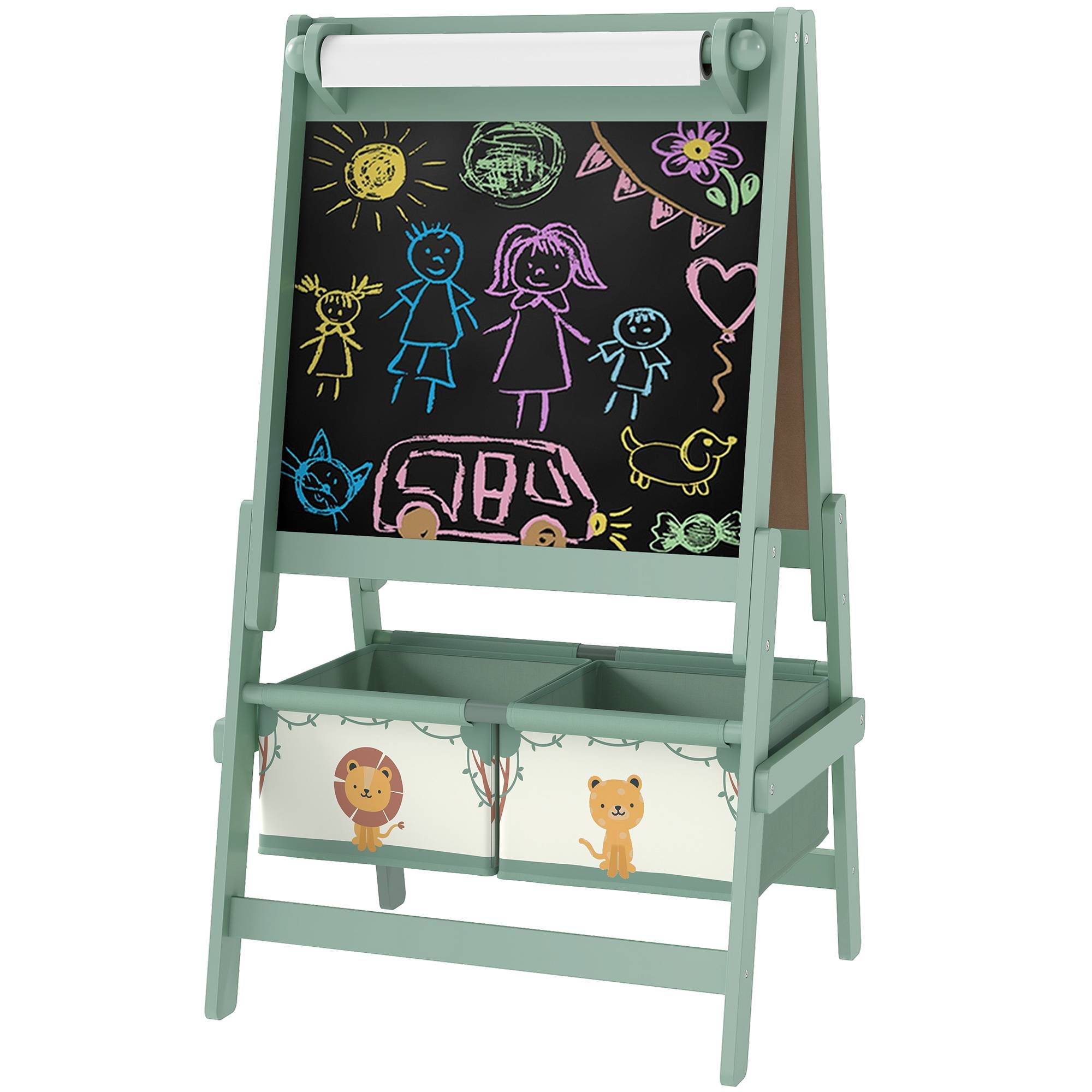 Tableau enfant 3 en 1 chevalet enfants à double face, tableau noir et blanc, avec rouleau de papier 54 x 46 x 94 cm vert - Image 2