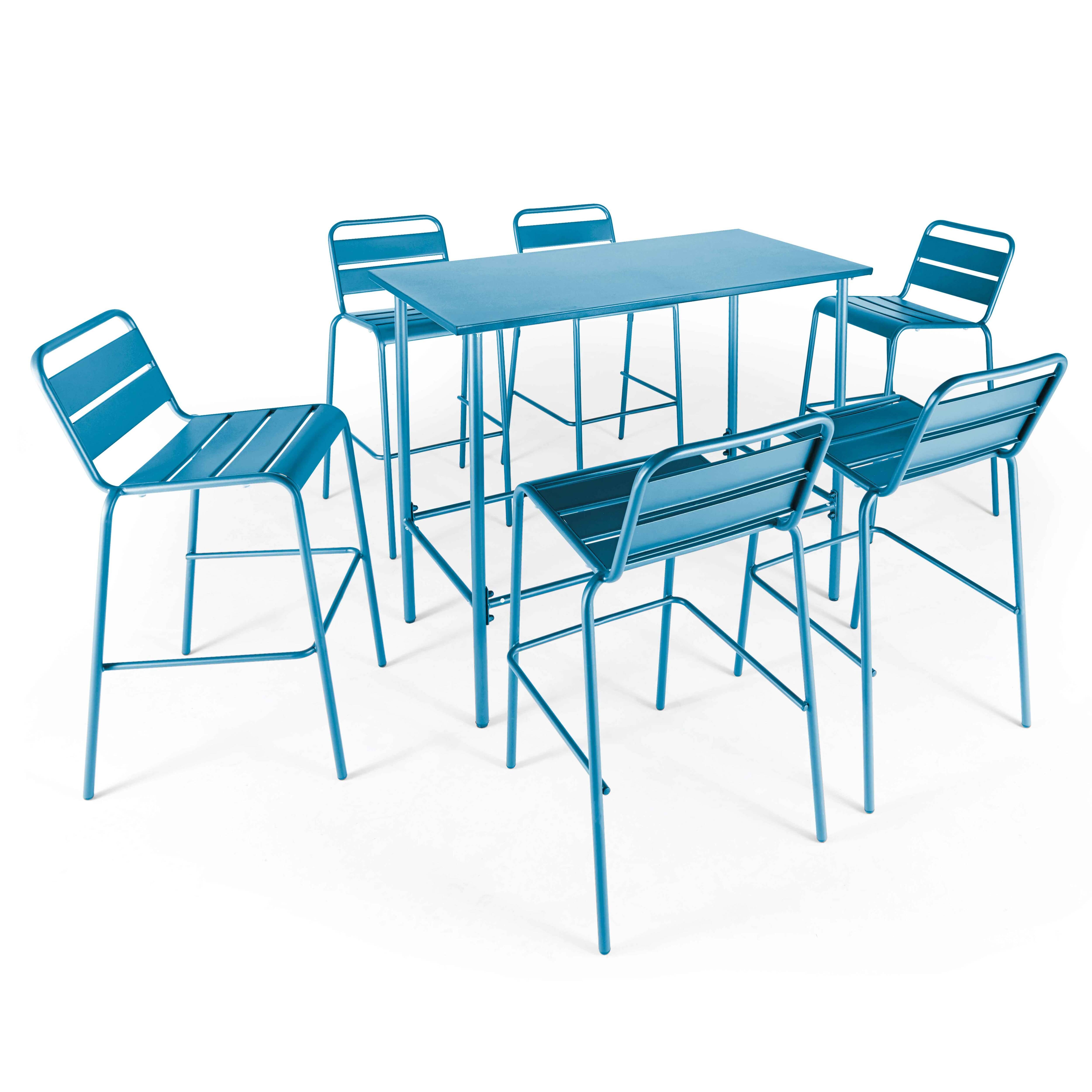Oviala - Ensemble table haute de jardin et 6 chaises en métal bleu pacific Palavas - Oviala - Imagen 1