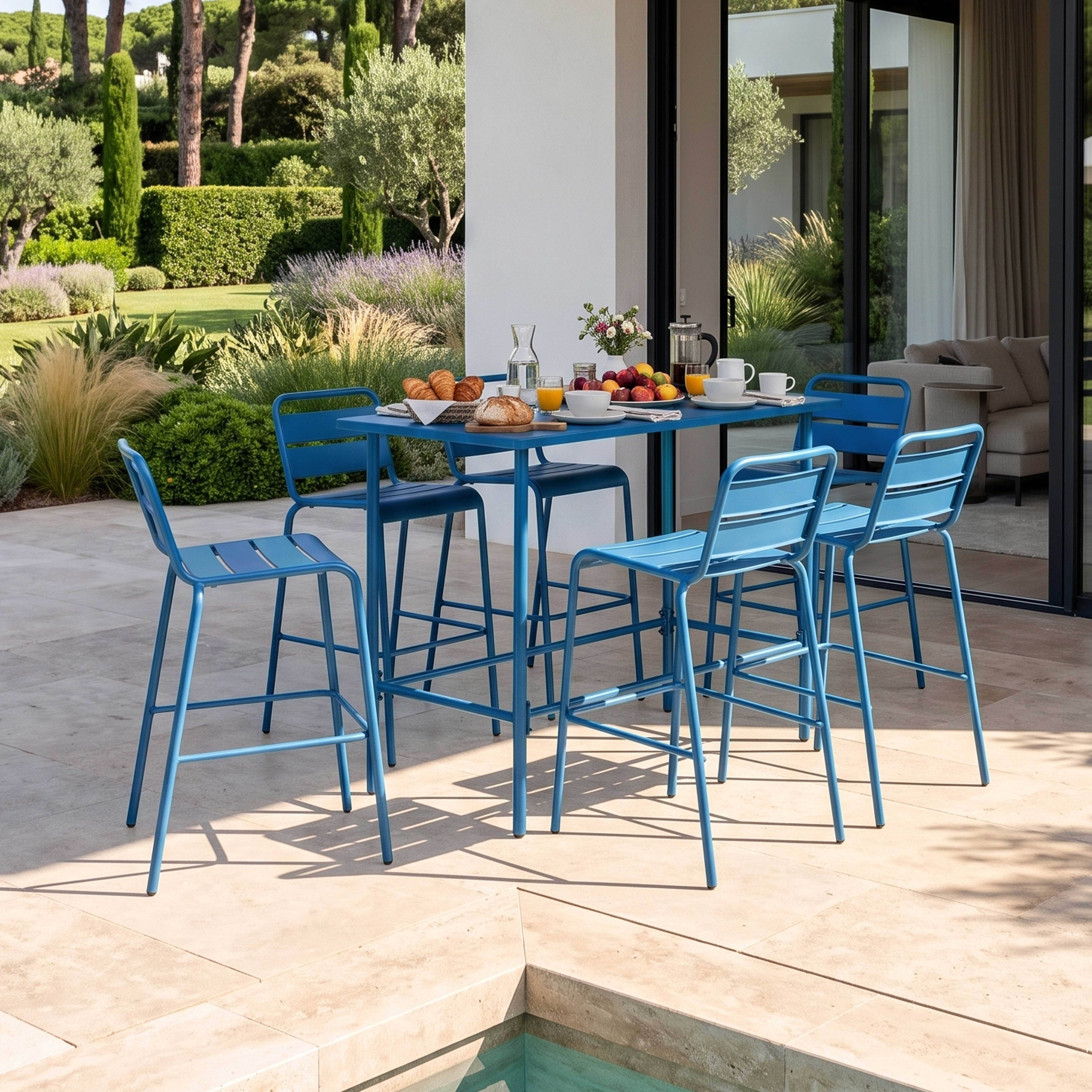 Oviala - Ensemble table haute de jardin et 6 chaises en métal bleu pacific Palavas - Oviala - Imagen 2
