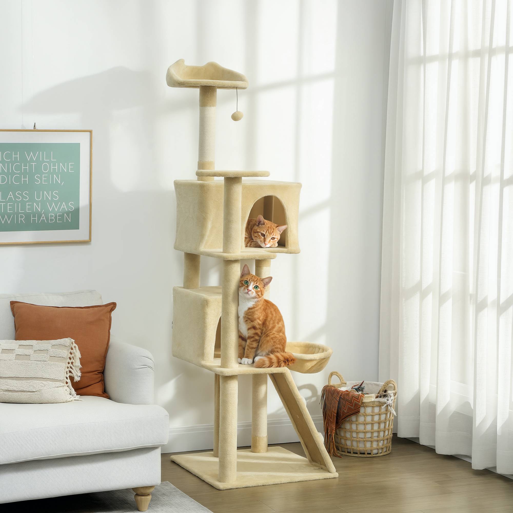 Arbre à chat 180cm, plateformes, lit, 2 grottes, hamac, échelle, poteaux sisal, beige - Image 4