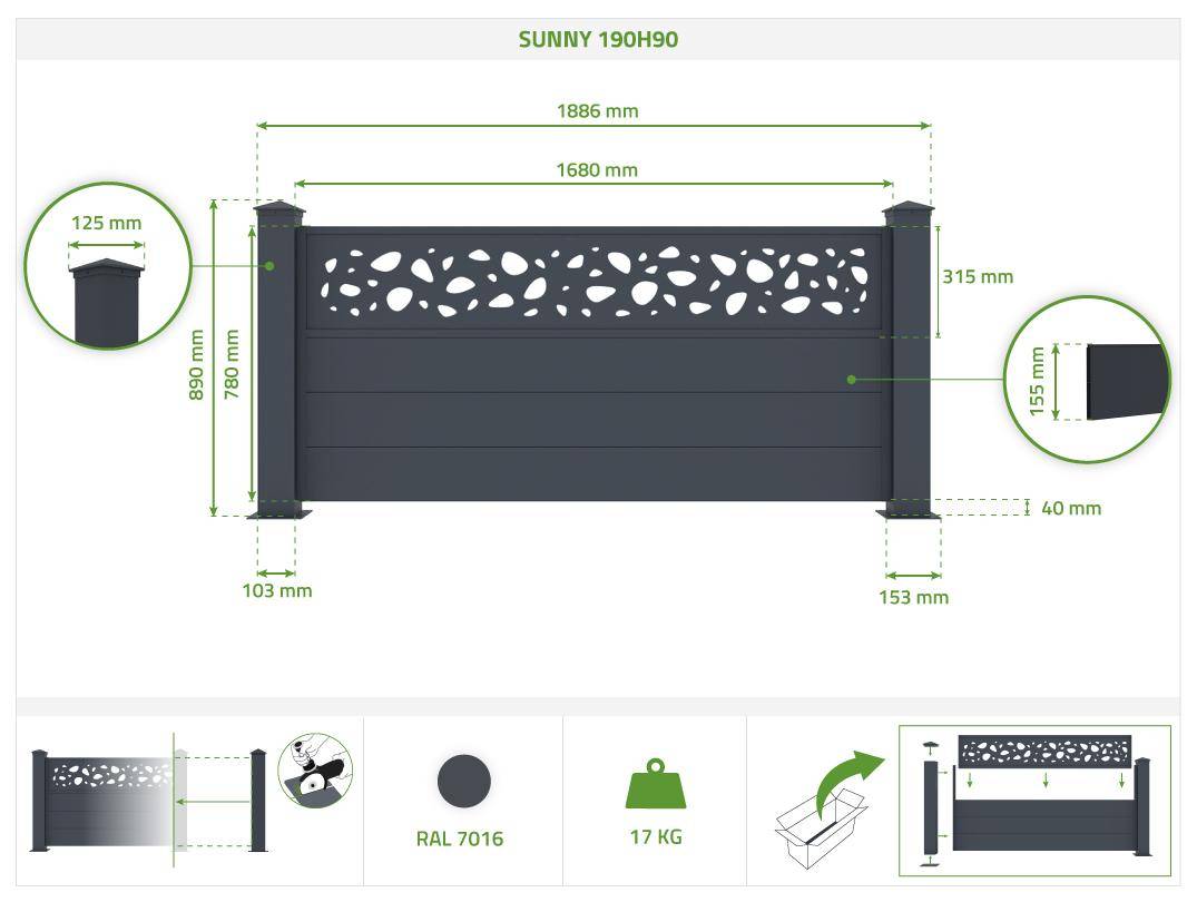 Casanoov Lot de 5 kits de clôture aluminium SUNNY H.90   cm - kits complet 9.5 m - Image 2