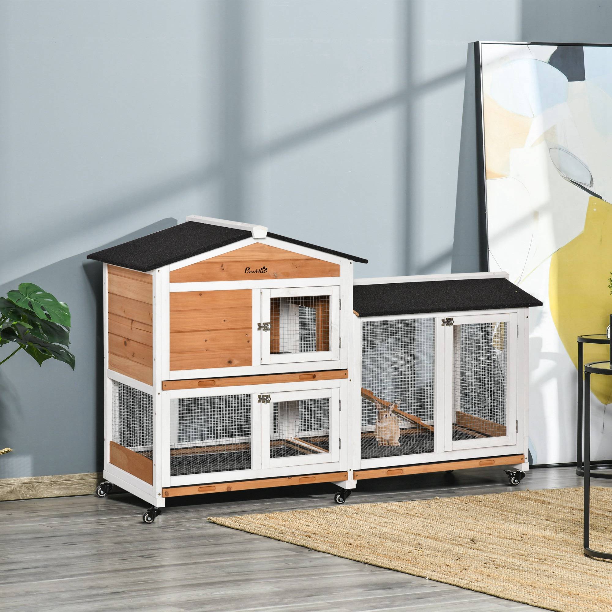 Clapier lapin bois sapin pour extérieur cage sur roulettes 2 étages 157cm jaune - ComfortXL Outdoor Living - Image 4