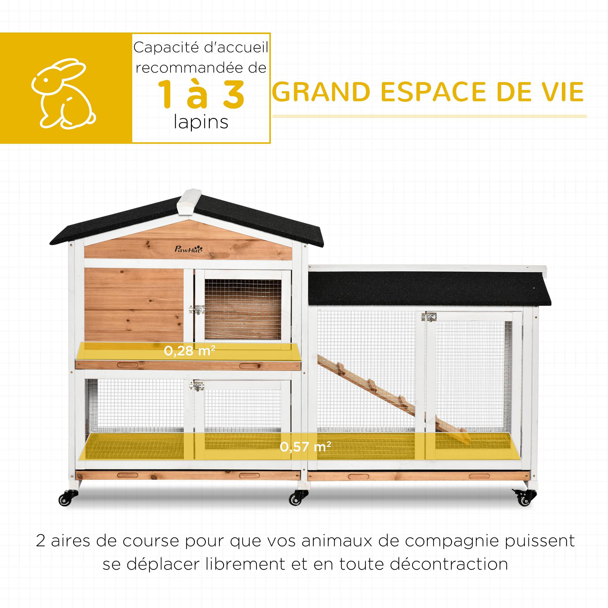 Clapier lapin bois sapin pour extérieur cage sur roulettes 2 étages 157cm jaune - ComfortXL Outdoor Living - Image 6