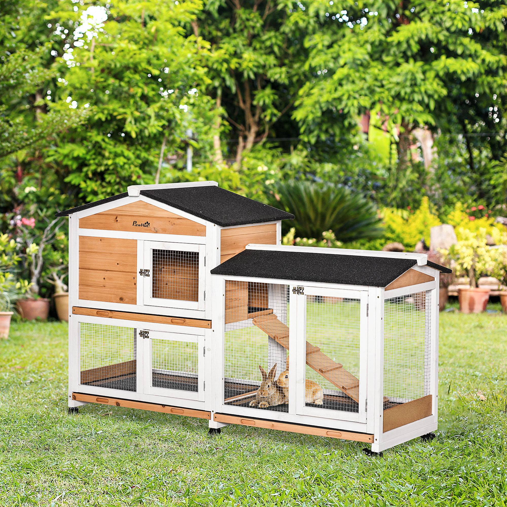 Clapier lapin bois sapin pour extérieur cage sur roulettes 2 étages 157cm jaune - ComfortXL Outdoor Living - Image 3