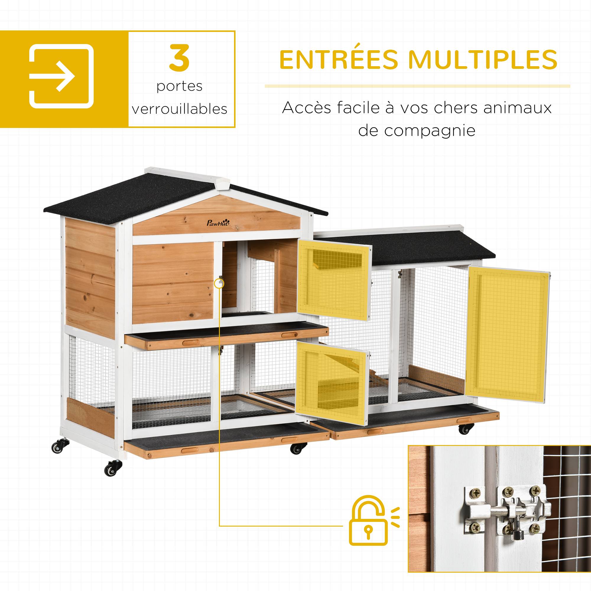 Clapier lapin bois sapin pour extérieur cage sur roulettes 2 étages 157cm jaune - ComfortXL Outdoor Living - Image 10