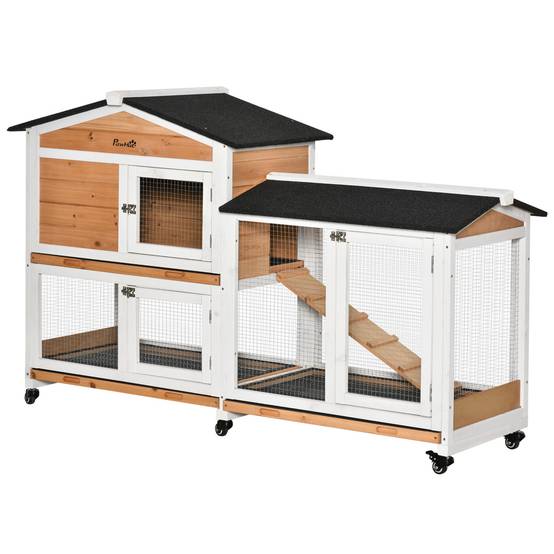 Clapier lapin bois sapin pour extérieur cage sur roulettes 2 étages 157cm jaune - ComfortXL Outdoor Living - Image 2
