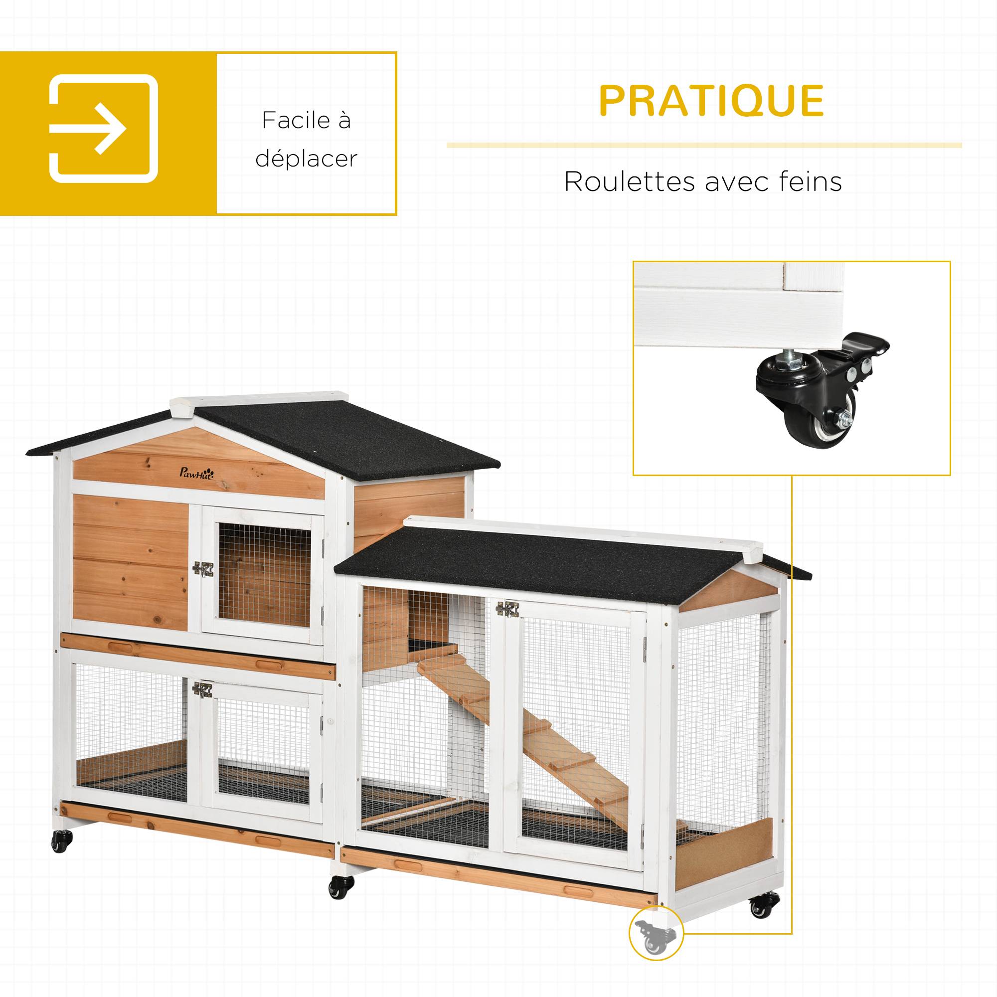 Clapier lapin bois sapin pour extérieur cage sur roulettes 2 étages 157cm jaune - ComfortXL Outdoor Living - Image 7