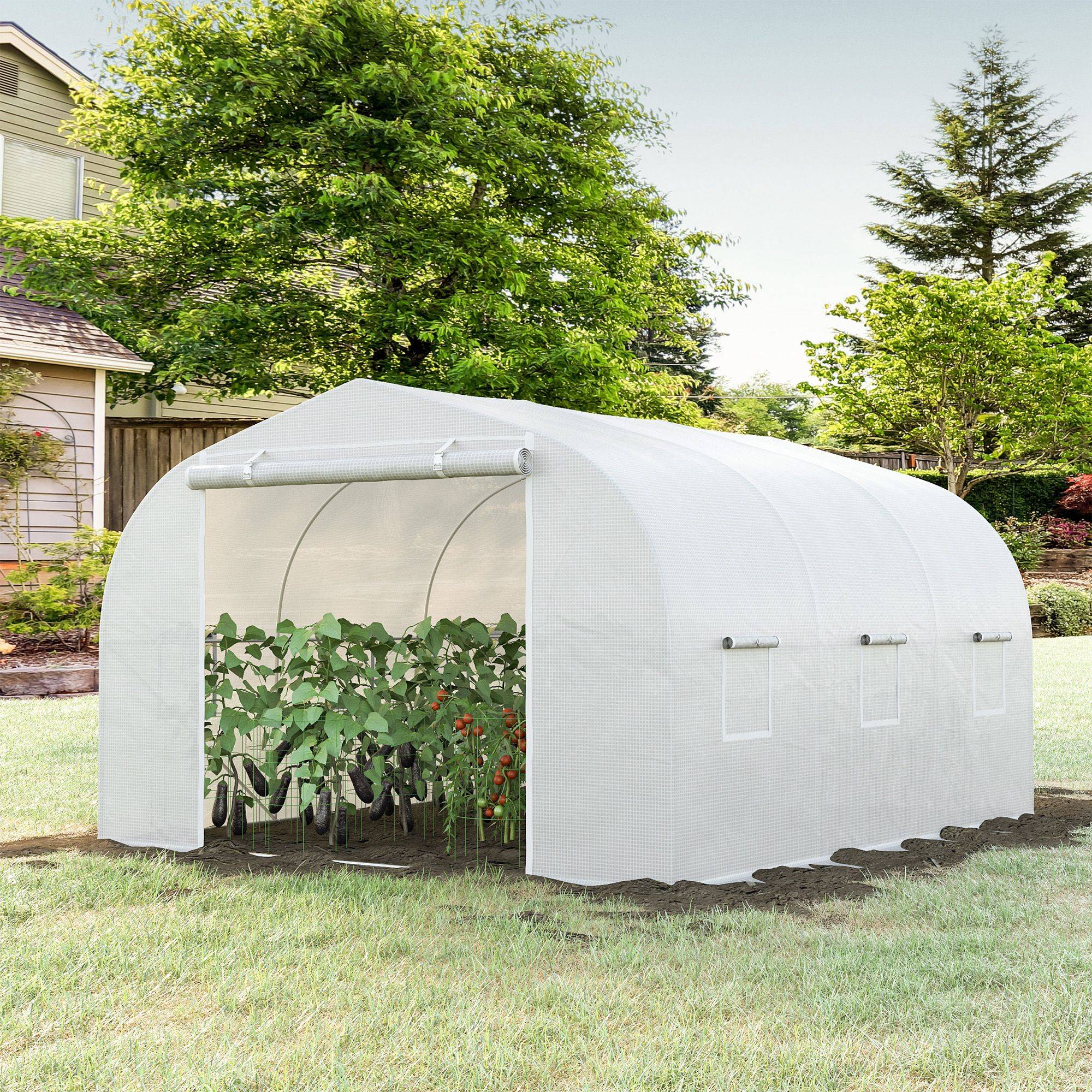 Serre de jardin serre tunnel de Jardin dim. 3,5L x 3l x 2H m Porte + 6 fenêtres enroulables Acier galvanisé bâche PE Haute densité Blanc - Image 3