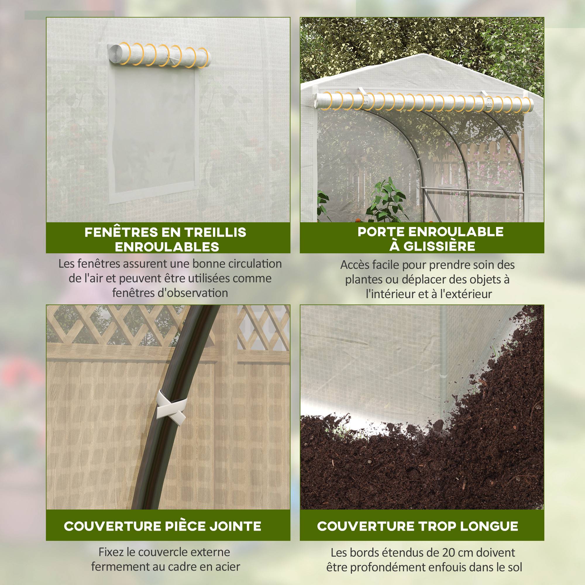 Serre de jardin serre tunnel de Jardin dim. 3,5L x 3l x 2H m Porte + 6 fenêtres enroulables Acier galvanisé bâche PE Haute densité Blanc - Image 5