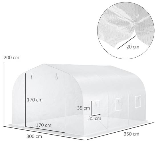 Serre de jardin serre tunnel de Jardin dim. 3,5L x 3l x 2H m Porte + 6 fenêtres enroulables Acier galvanisé bâche PE Haute densité Blanc - Image 4