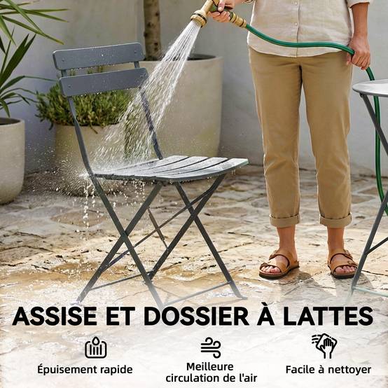 Ensemble de Bistrot Jardin 3 Pièces Table et 2 Chaises Pliantes avec Double Protection Anti-Rouille Métal Gris - Image 9