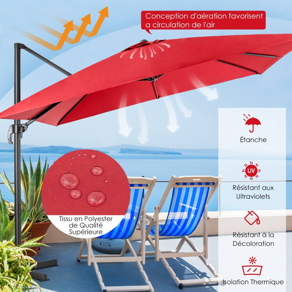 Parasol Déporté Inclinable 3x3M avec Base Croisée Rotation à 360° Manivelle 8 Baleines Event pour Jardin Terrasse Vin-Rouge - Image 6