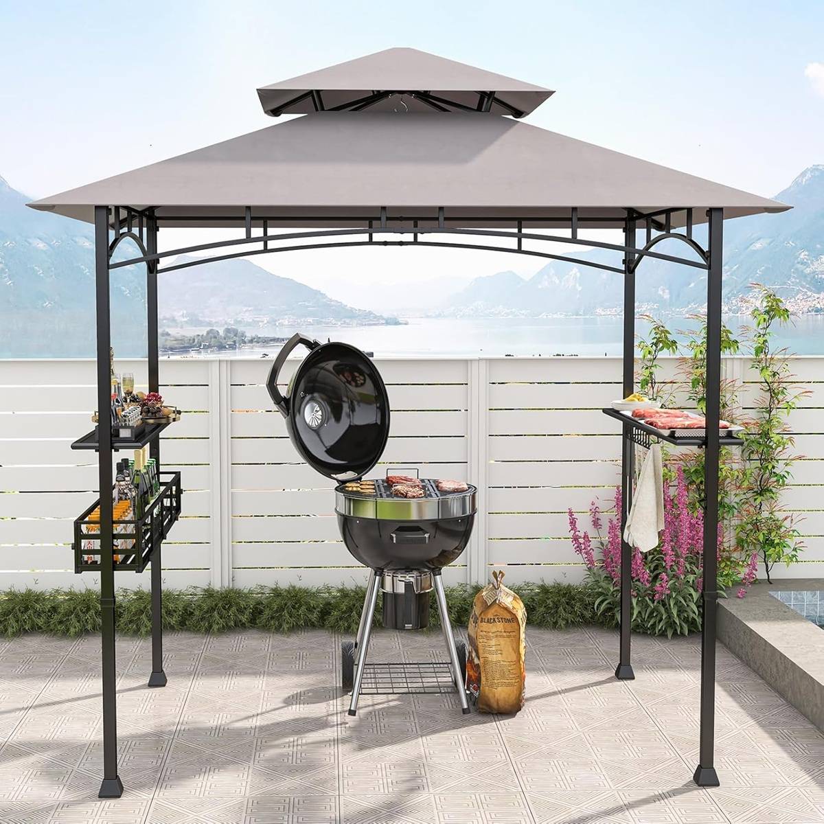 Tonnelle Barbecue Exterieur Auvent Abri Barbecue 2 Tablettes de Service Toit Ventilé Grand Panier - Image 1