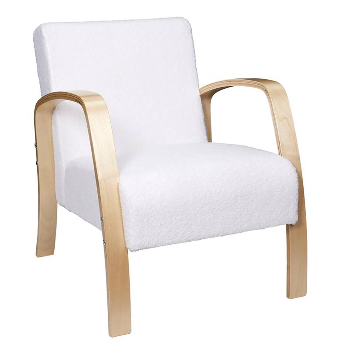 ALTOBUY - Fauteuil en Tissu Bouclettes Blanc Accoudoirs Bois - KAUPA - Image 1