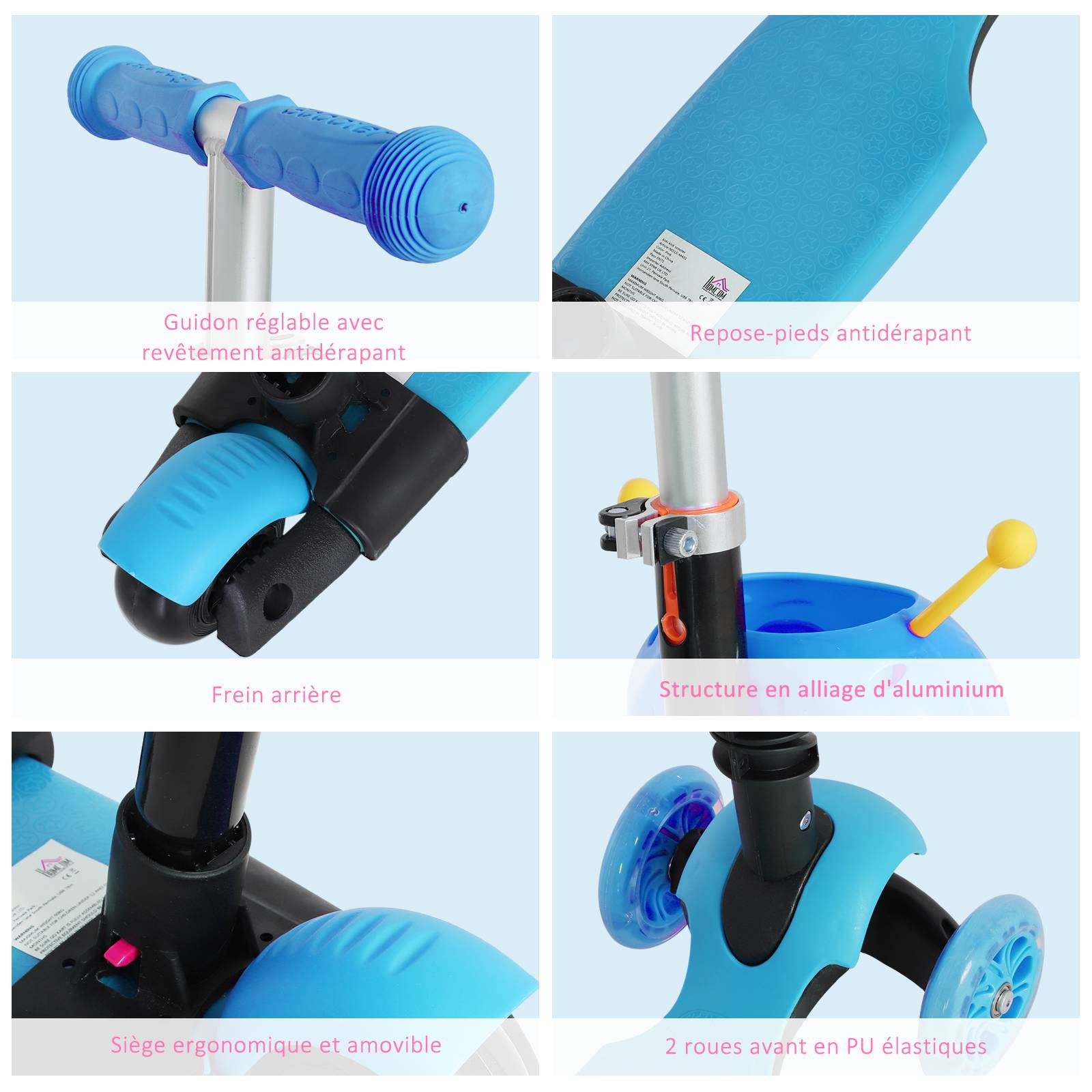 Trottinette Évolutive 5 en 1 pour Enfant, 3 Roues, Selle et Dossier Amovibles, Guidon Réglable, Bleu - Image 9