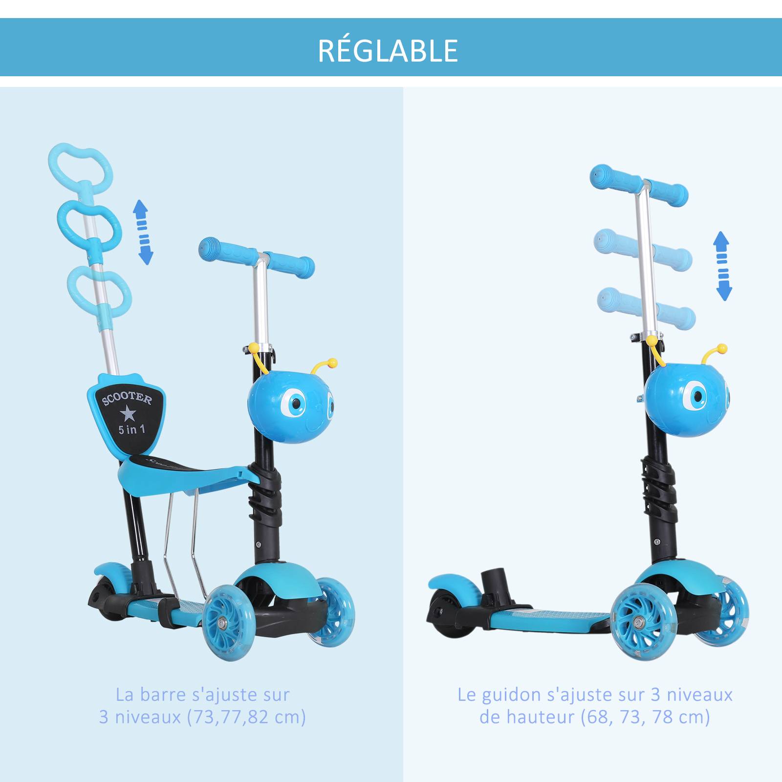 Trottinette Évolutive 5 en 1 pour Enfant, 3 Roues, Selle et Dossier Amovibles, Guidon Réglable, Bleu - Image 8