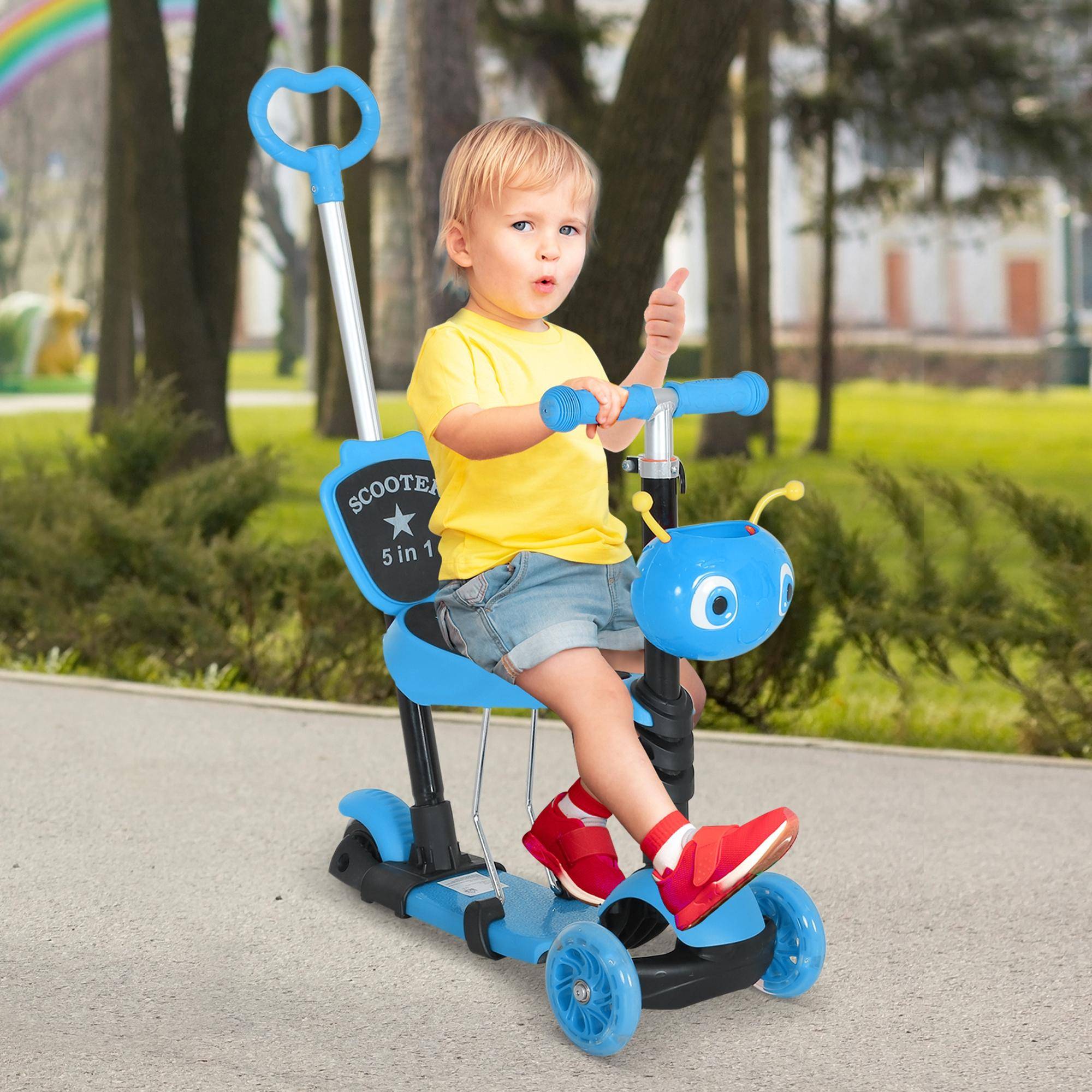 Trottinette Évolutive 5 en 1 pour Enfant, 3 Roues, Selle et Dossier Amovibles, Guidon Réglable, Bleu - Image 4