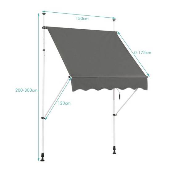 Helloshop26 - Auvent rétractable manuel 150 x 125 cm hauteur réglable 2-3m sans perçage en métal et tissu pour fenêtre balcon ou jardin gris - Imagen 2
