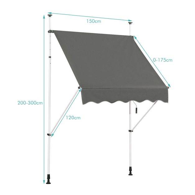 Helloshop26 - Auvent rétractable manuel 150 x 125 cm hauteur réglable 2-3m sans perçage en métal et tissu pour fenêtre balcon ou jardin gris - Imagen 2