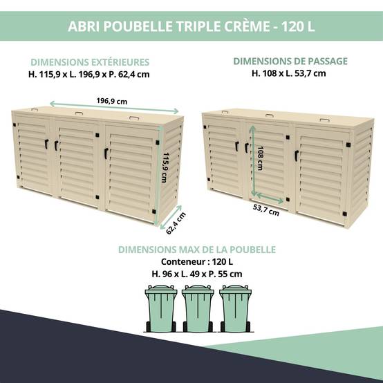 Cache Poubelle Extérieur Triple en Aluminium thermolaqué - Abri pour 3 conteneurs 120 Litres – Crème RAL 1015 - Image 3