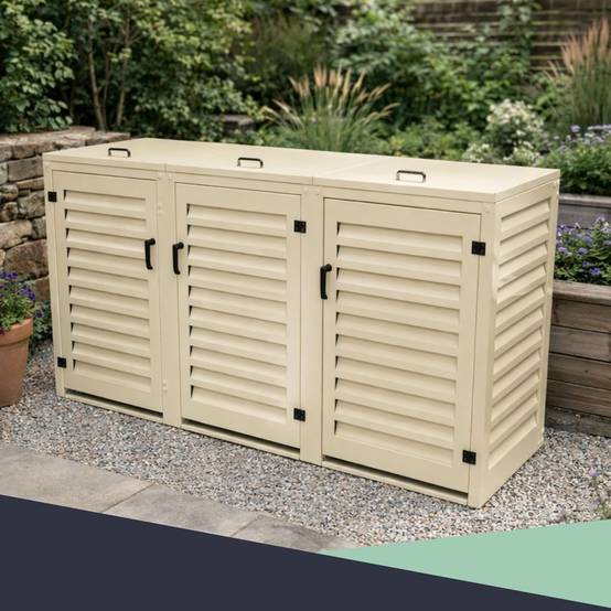 Cache Poubelle Extérieur Triple en Aluminium thermolaqué - Abri pour 3 conteneurs 120 Litres – Crème RAL 1015 - Image 8