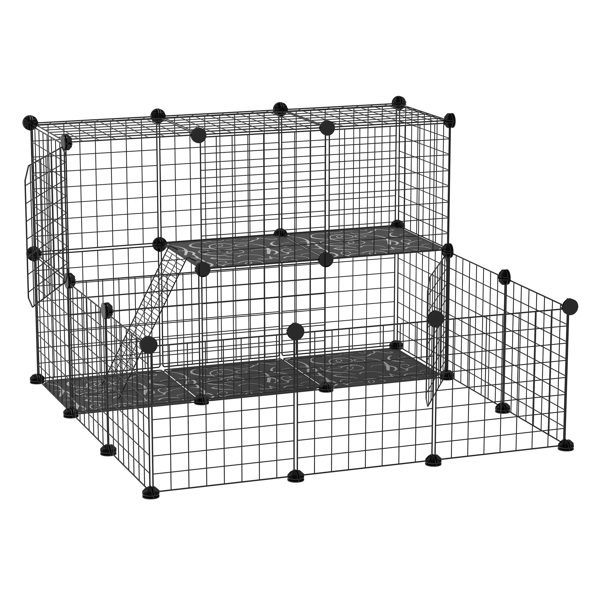 Parc Modulable Acier Résine Pour Lapins Cobayes 2 Niveaux 105x105x70cm Noir - ComfortXL Outdoor Living - Image 1