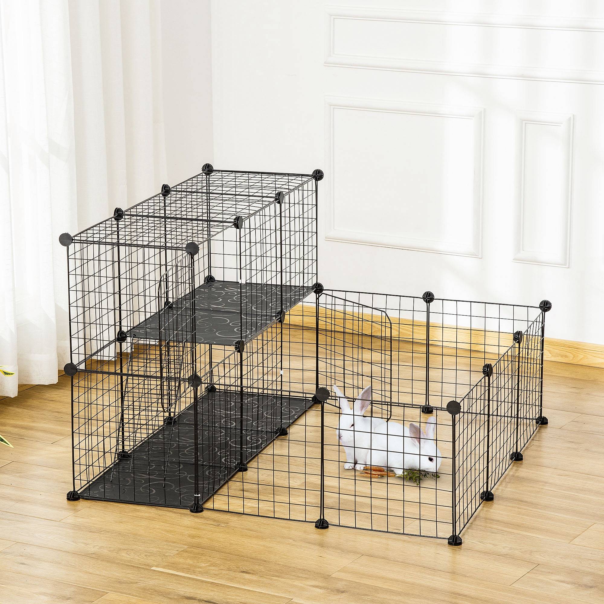 Parc Modulable Acier Résine Pour Lapins Cobayes 2 Niveaux 105x105x70cm Noir - ComfortXL Outdoor Living - Image 4