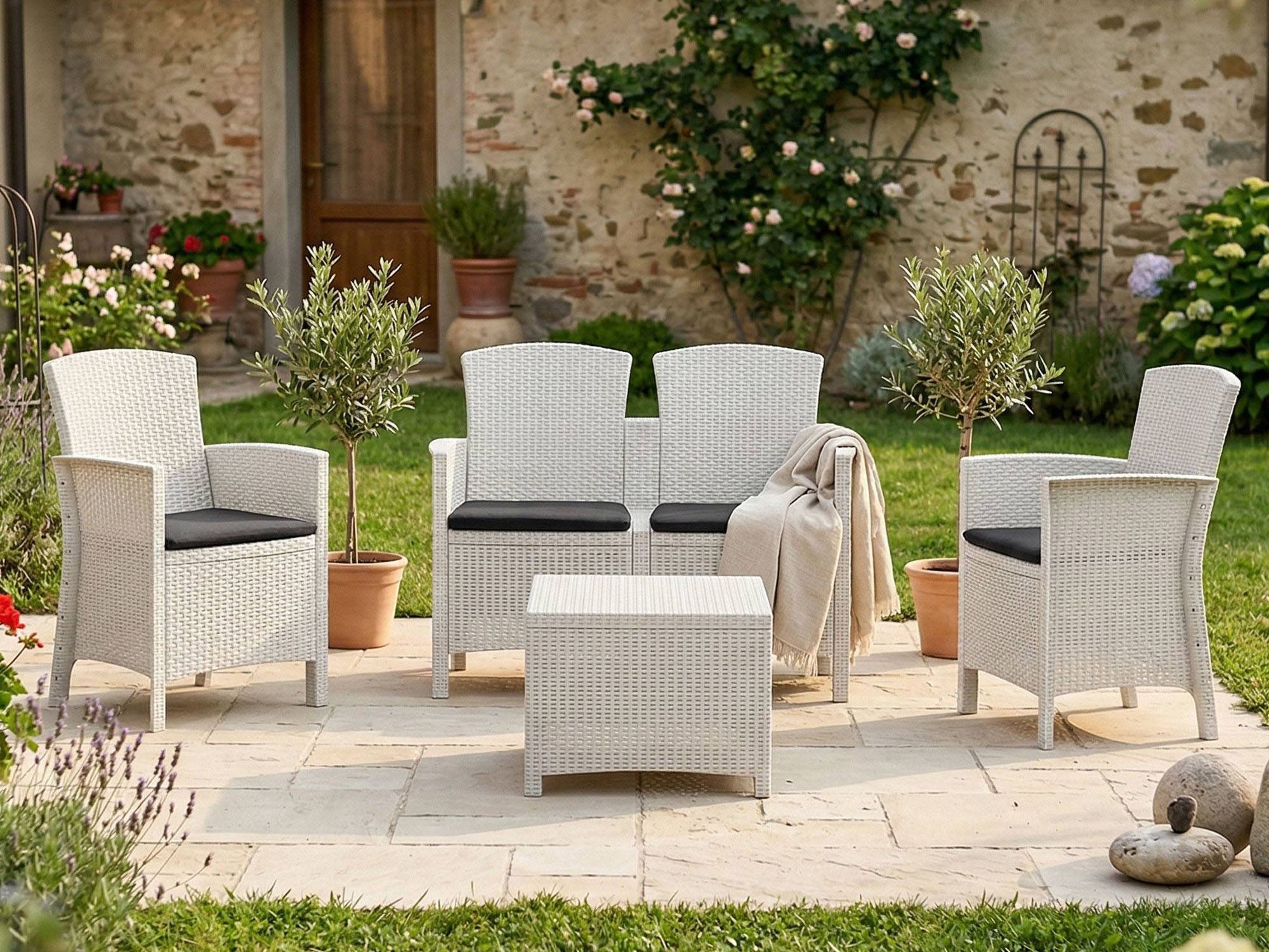 Dmora - Ensemble de salon d'extérieur Dmorat, Salon de jardin avec coussins, Salon d'intérieur effet rotin, 100% Made in Italy, Blanc - Dmora - Imagen 6