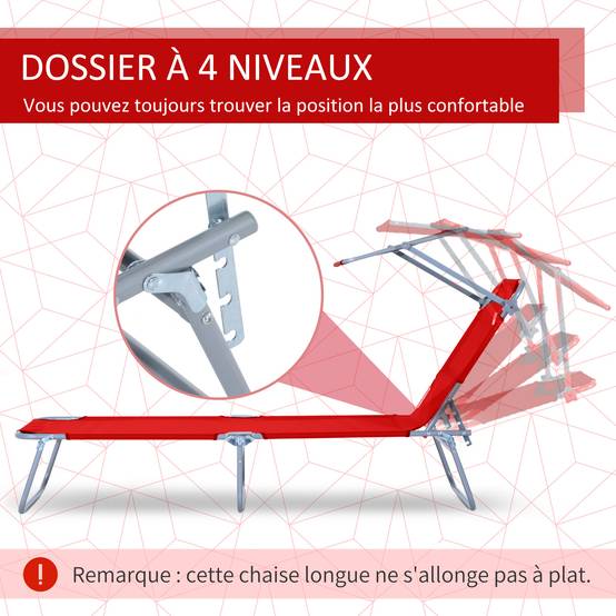 Transat Bain de Soleil Pliable Chaise Longue Grand Confort - 187x58x36cm Métal Rouge fr577 - Image 6