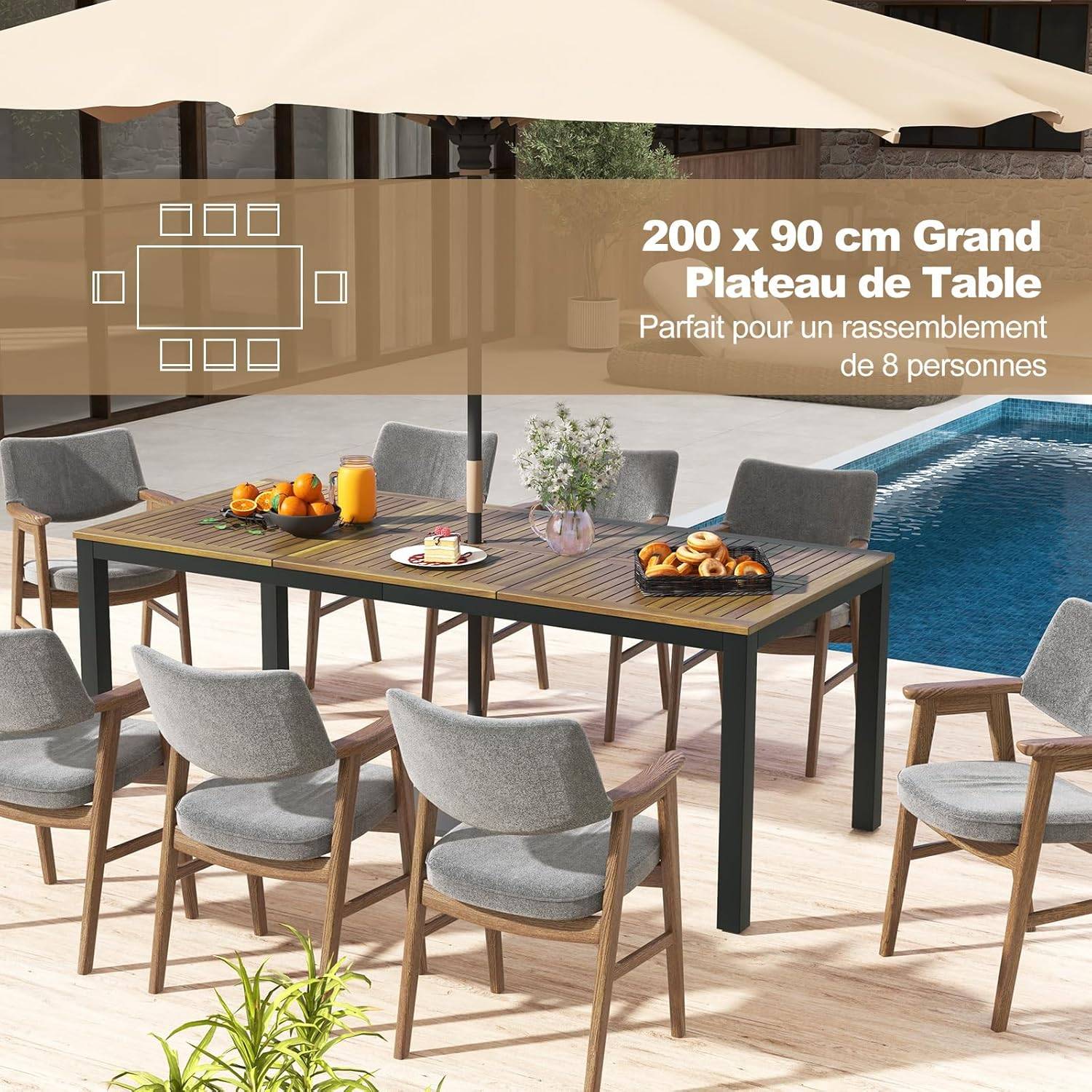 Table de Jardin 200 CM pour 8 Personnes, Table Exterieur en Bois d’Acacia,Rectangulaire - Image 2