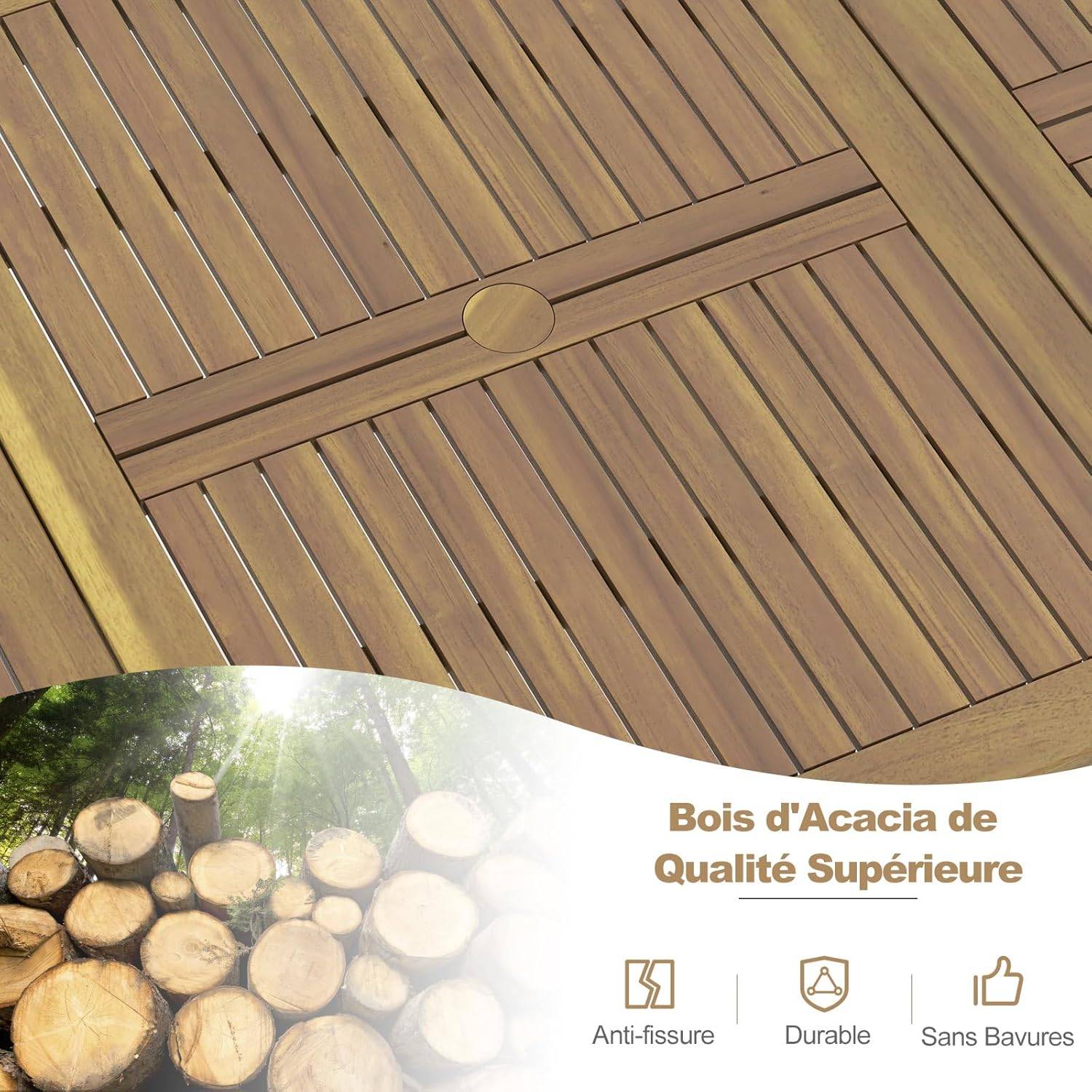 Table de Jardin 200 CM pour 8 Personnes, Table Exterieur en Bois d’Acacia,Rectangulaire - Image 3