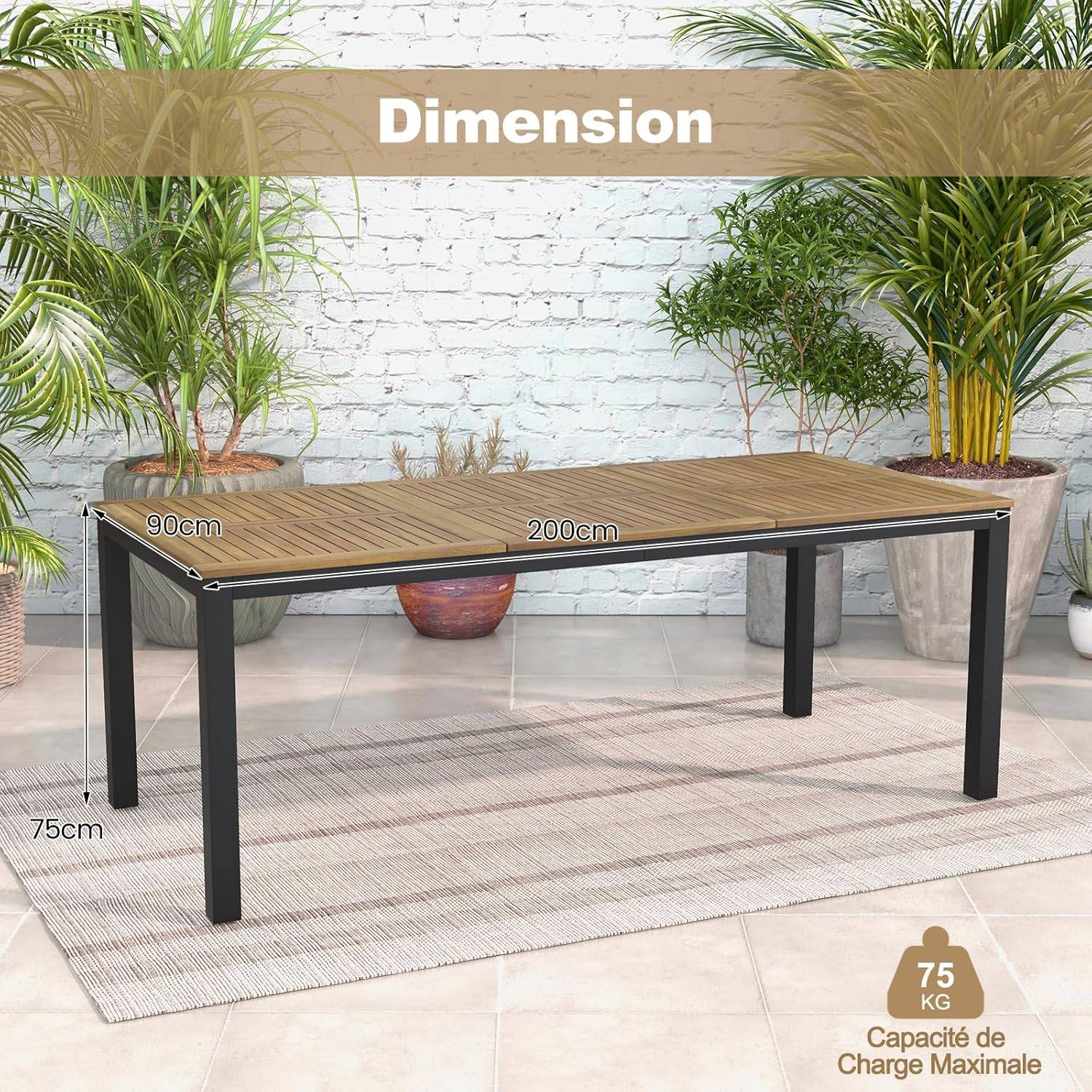Table de Jardin 200 CM pour 8 Personnes, Table Exterieur en Bois d’Acacia,Rectangulaire - Image 4