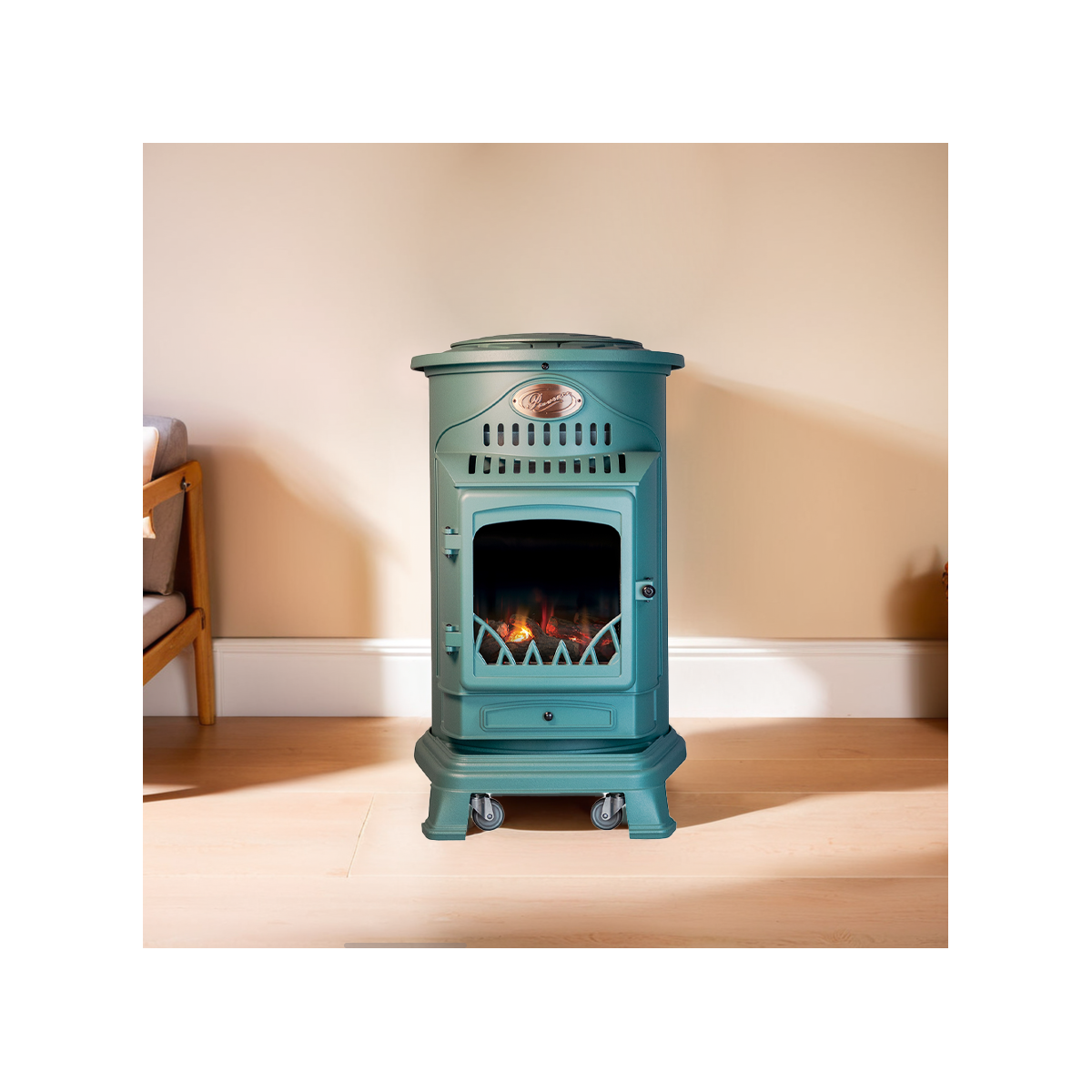 Universal - Poêle à gaz Fonte véritable 3.4KW VERT Chauffage à gaz Effet feu de bois Provence Sahara - Imagen 2