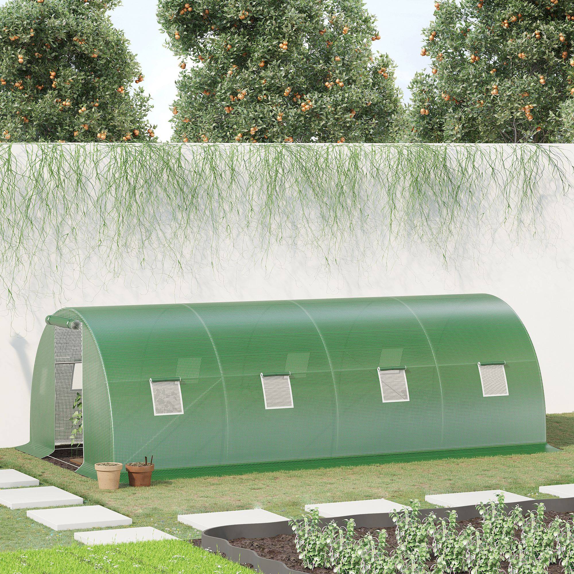 Serre de Jardin Tunnel 18 m², 600 x 300 x 200 cm, Structure en Acier Galvanisé, Bâche PE Haute Densité, 8 Fenêtres et Porte Zippée Enroulable - Image 4