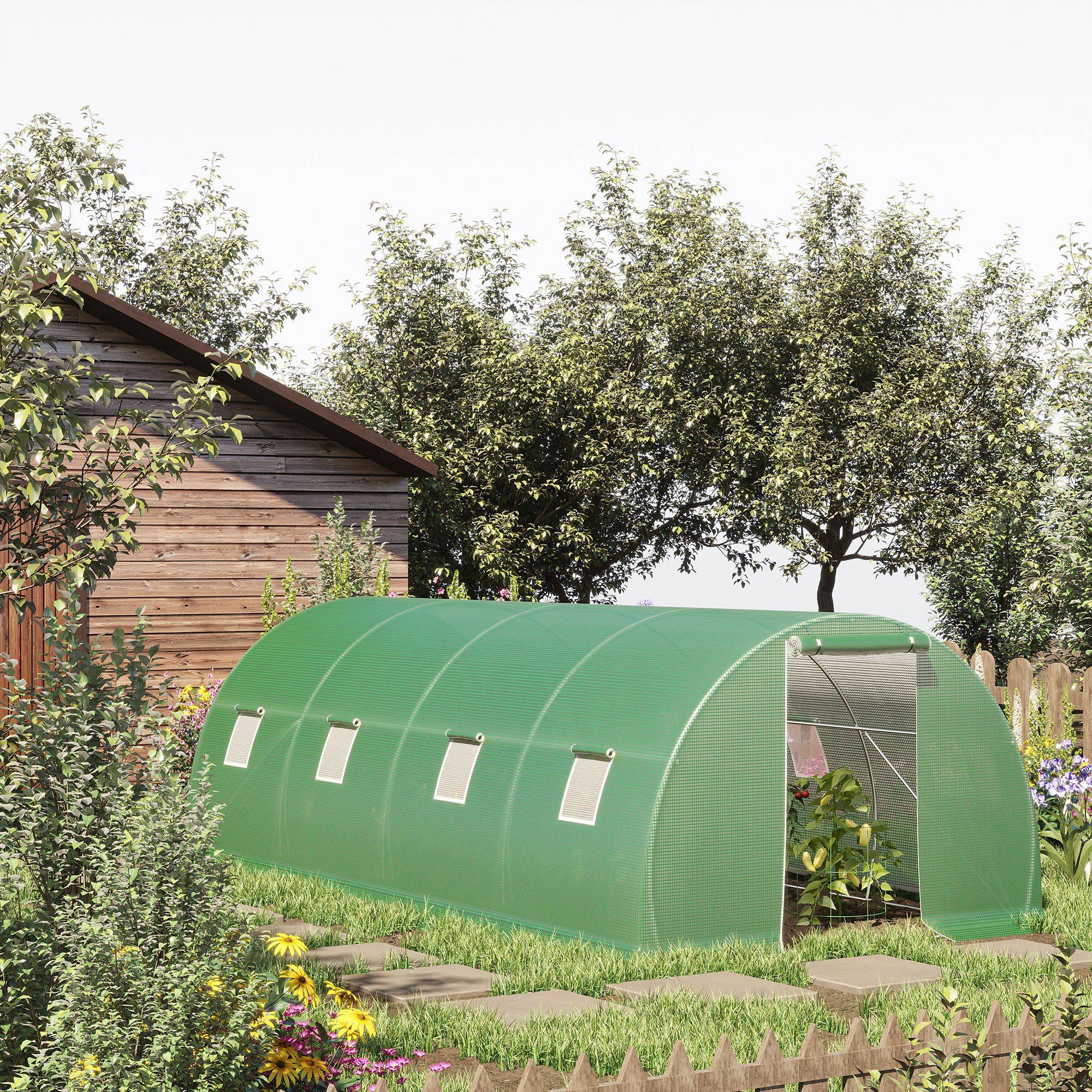 Serre de Jardin Tunnel 18 m², 600 x 300 x 200 cm, Structure en Acier Galvanisé, Bâche PE Haute Densité, 8 Fenêtres et Porte Zippée Enroulable - Image 3