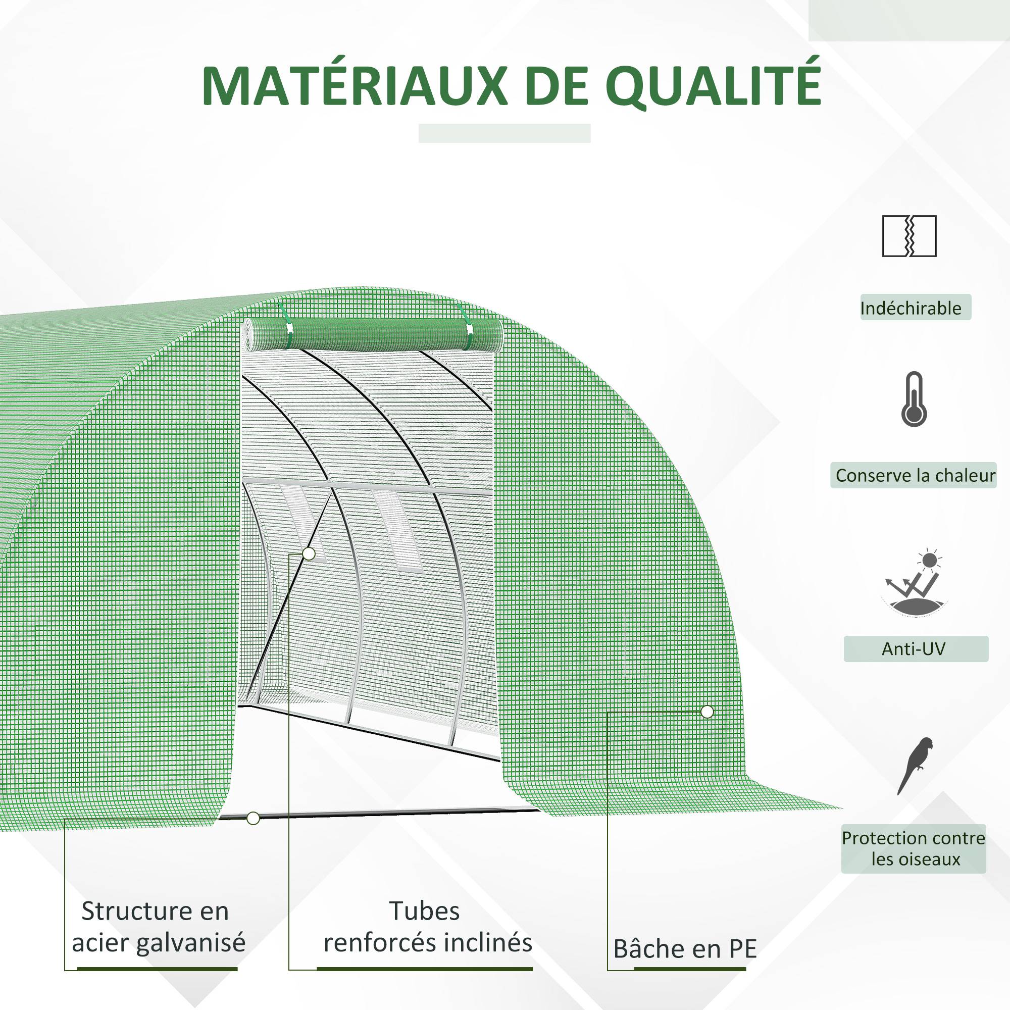 Serre de Jardin Tunnel 18 m², 600 x 300 x 200 cm, Structure en Acier Galvanisé, Bâche PE Haute Densité, 8 Fenêtres et Porte Zippée Enroulable - Image 6