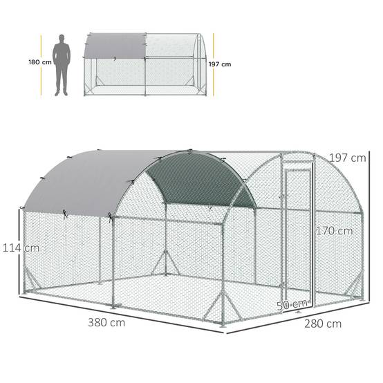 Enclos Poulailler Acier Galvanisé 10.64m² 6-12 Poules Bâche Toit Imperméable 280x380cm Argent - ComfortXL Pet Living - Image 3