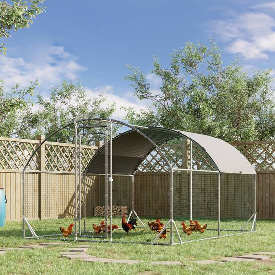 Enclos Poulailler Acier Galvanisé 10.64m² 6-12 Poules Bâche Toit Imperméable 280x380cm Argent - ComfortXL Pet Living - Image 1