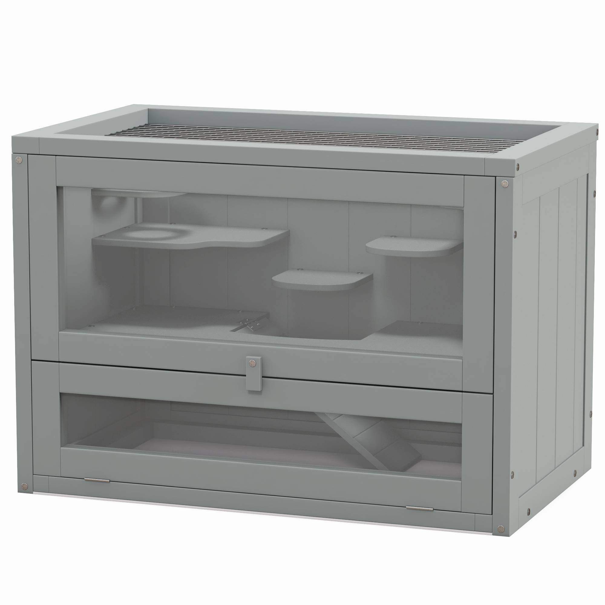Cage hamster souris Bois sapin 2 niveaux avec toit ouvrable 60x35x42cm Gris - ComfortXL Outdoor Living - Image 2