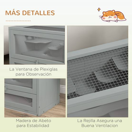 Cage hamster souris Bois sapin 2 niveaux avec toit ouvrable 60x35x42cm Gris - ComfortXL Outdoor Living - Image 8