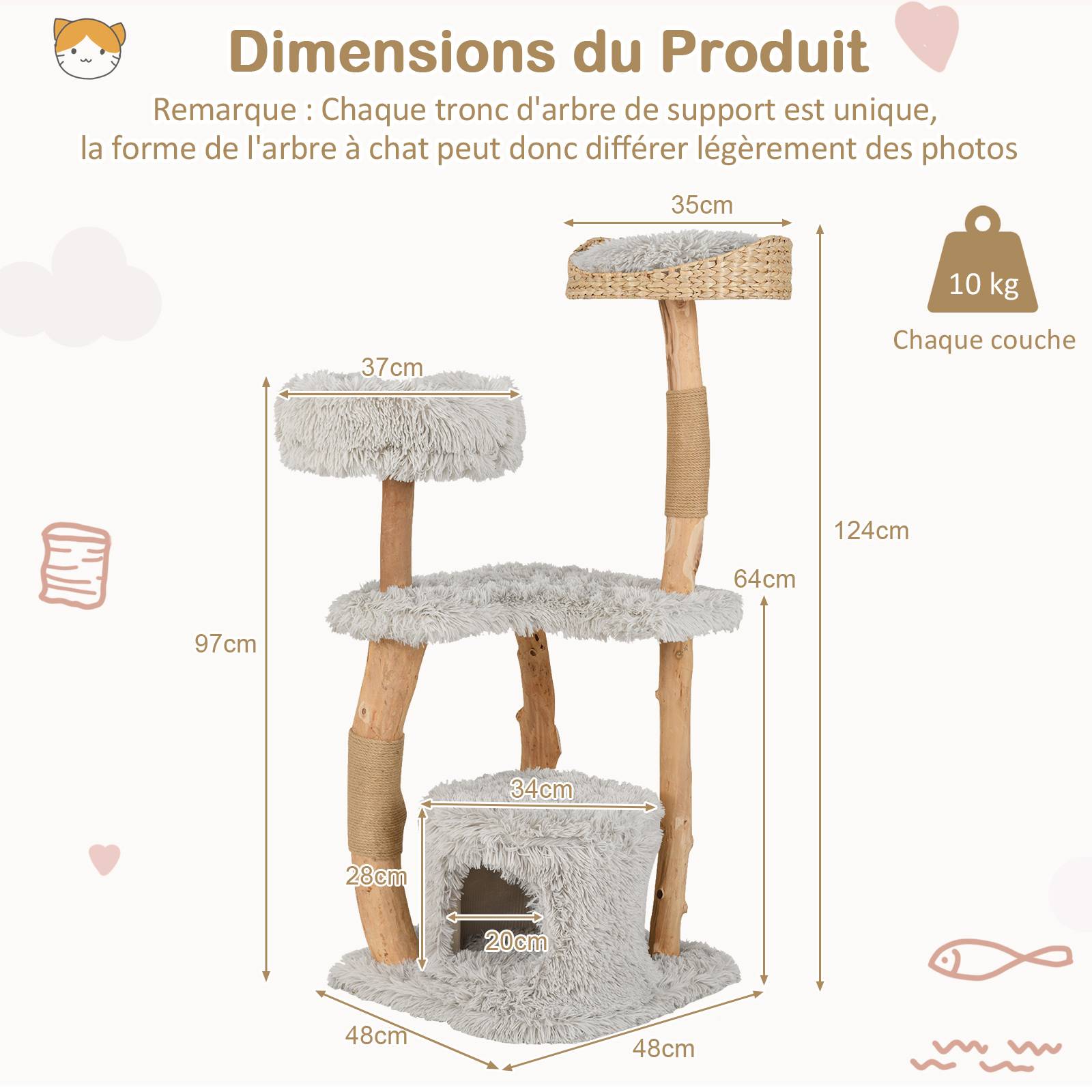 Arbre à Chat XXL 124 cm, Arbre à Chat Bois en Poireir, Design Tronc, 2 Poteaux à Griffer en Jute, 3 Plateformes, Tour pour Chaton à 5 Niveaux, Gris - Image 4