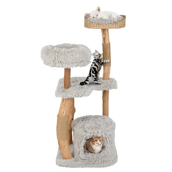 Arbre à Chat XXL 124 cm, Arbre à Chat Bois en Poireir, Design Tronc, 2 Poteaux à Griffer en Jute, 3 Plateformes, Tour pour Chaton à 5 Niveaux, Gris - Image 1