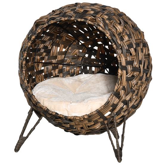 Niche chat en rotin surélevée avec coussin, Ø52x58 cm, marron - Image 2