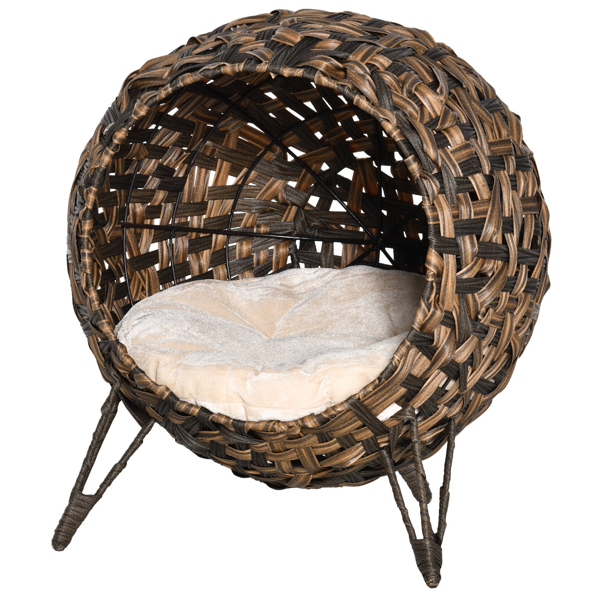 Niche chat en rotin surélevée avec coussin, Ø52x58 cm, marron - Image 2