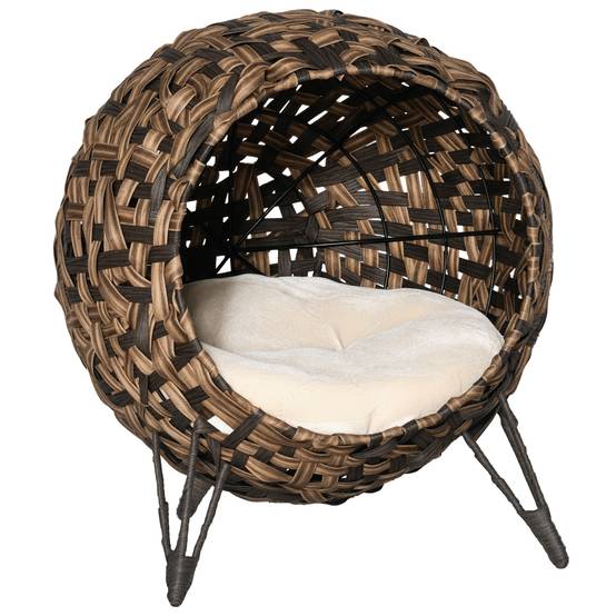Niche chat en rotin surélevée avec coussin, Ø52x58 cm, marron - Image 1