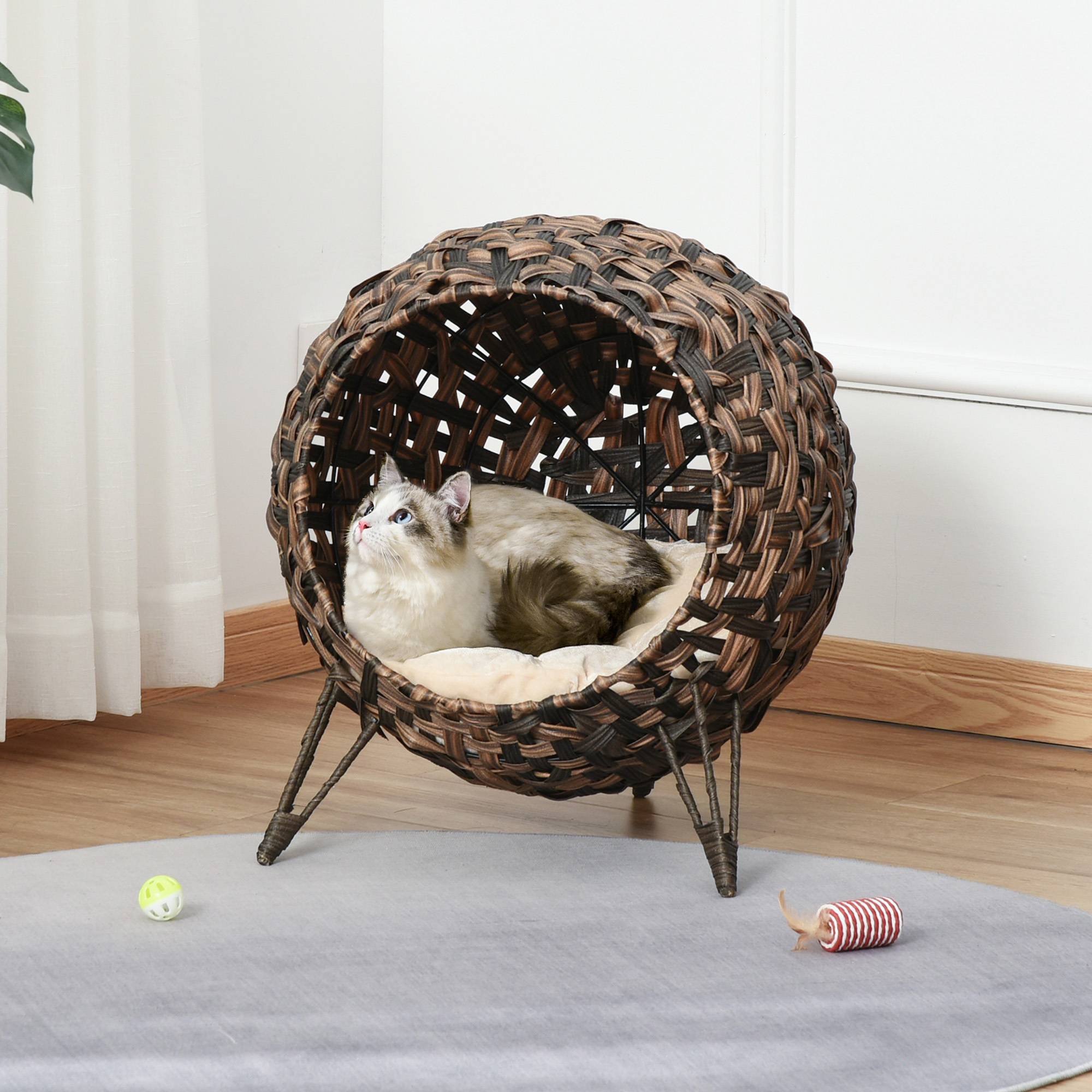 Niche chat en rotin surélevée avec coussin, Ø52x58 cm, marron - Image 3