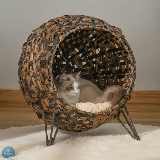 Niche chat en rotin surélevée avec coussin, Ø52x58 cm, marron - Image 4